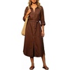 image:imageCHARTOU Womens Linen Blend Shirt Dress Button Down Midi Dress with Pockets Summer Long Sleeve Casual Tunic Dress for WorkBrown