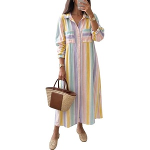 image:imageCHARTOU Women Contrast Striped Button Down Summer Casual Loose Long Shirt Dress with PocketsBlue
