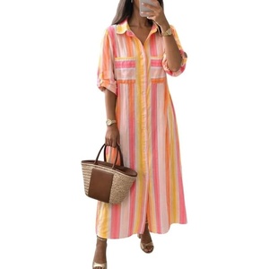 image:imageCHARTOU Women Contrast Striped Button Down Summer Casual Loose Long Shirt Dress with PocketsRed