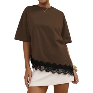 image:imageCHARTOU Women Floral Lace Summer Tops Crewneck Half Short Sleeve Asymmetric Hem T Shirts Tops Dressy CasualBrown