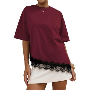 image:imageCHARTOU Women Floral Lace Summer Tops Crewneck Half Short Sleeve Asymmetric Hem T Shirts Tops Dressy CasualWine