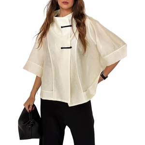 image:imageCHARTOU Women Frog Buttoned Blouse Poncho Stand Collar Half Sleeve Oversized Casual Loose Shirt TopBeige