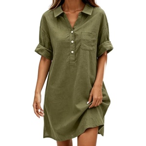 image:imageCHARTOU Women Loose Cotton Shirt Dress Summer Casual Button Front Rolled Sleeve Short Shift DressGreen