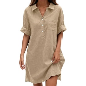 image:imageCHARTOU Women Loose Cotton Shirt Dress Summer Casual Button Front Rolled Sleeve Short Shift DressKhaki