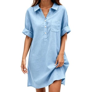 image:imageCHARTOU Women Loose Cotton Shirt Dress Summer Casual Button Front Rolled Sleeve Short Shift DressLight Blue