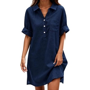 image:imageCHARTOU Women Loose Cotton Shirt Dress Summer Casual Button Front Rolled Sleeve Short Shift DressNavy