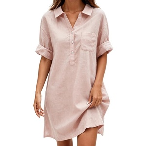 image:imageCHARTOU Women Loose Cotton Shirt Dress Summer Casual Button Front Rolled Sleeve Short Shift DressPink