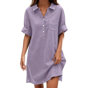 image:imageCHARTOU Women Loose Cotton Shirt Dress Summer Casual Button Front Rolled Sleeve Short Shift DressPurple