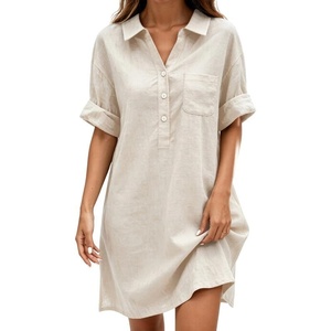 image:imageCHARTOU Women Loose Cotton Shirt Dress Summer Casual Button Front Rolled Sleeve Short Shift DressWhite