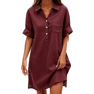 image:imageCHARTOU Women Loose Cotton Shirt Dress Summer Casual Button Front Rolled Sleeve Short Shift DressWine