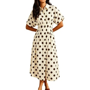 image:imageCHARTOU Women Polka Dot Cotton Shirt Dress Floral Button Down Pleated Waist Flowy Long Dress with PocketsBrown