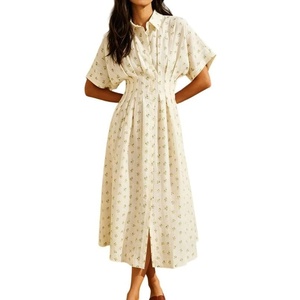 image:imageCHARTOU Women Polka Dot Cotton Shirt Dress Floral Button Down Pleated Waist Flowy Long Dress with PocketsFloral