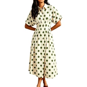 image:imageCHARTOU Women Polka Dot Cotton Shirt Dress Floral Button Down Pleated Waist Flowy Long Dress with PocketsGreen