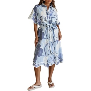 image:imageCHARTOU Women Summer Casual Cotton Linen Floral Print Button Down Long Shirt Dress with BeltBlue