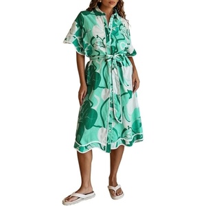image:imageCHARTOU Women Summer Casual Cotton Linen Floral Print Button Down Long Shirt Dress with BeltGreen