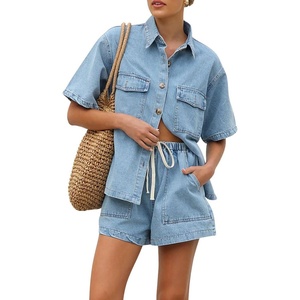 image:imageCHARTOU Women Summer Denim 2 Pieces Outfits Button Down Shirt and Drawstring Shorts SetsBlue