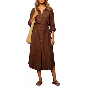 image:imageCHARTOU Womens Linen Blend Shirt Dress Button Down Midi Dress with Pockets Summer Long Sleeve Casual Tunic Dress for WorkBrown