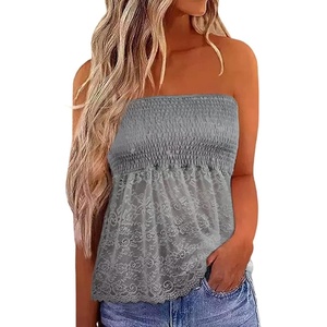 image:imageCHARTOU Womens Off Shoulder Summer Ruched Bandeau Lace Patchwork Tube TShirt TopsGrey