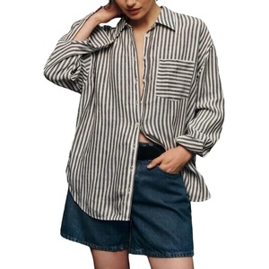 image:imageCHARTOU Womens Oversized Striped Button Down Shirt Casual Long Sleeve Blouse Loose Fit VNeck Tunic Tops for Work BeachBlack