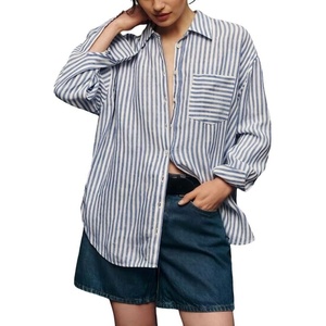 image:imageCHARTOU Womens Oversized Striped Button Down Shirt Casual Long Sleeve Blouse Loose Fit VNeck Tunic Tops for Work BeachBlue