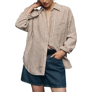 image:imageCHARTOU Womens Oversized Striped Button Down Shirt Casual Long Sleeve Blouse Loose Fit VNeck Tunic Tops for Work BeachBrown