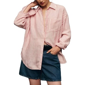 image:imageCHARTOU Womens Oversized Striped Button Down Shirt Casual Long Sleeve Blouse Loose Fit VNeck Tunic Tops for Work BeachPink