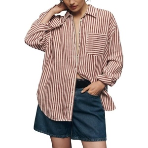 image:imageCHARTOU Womens Oversized Striped Button Down Shirt Casual Long Sleeve Blouse Loose Fit VNeck Tunic Tops for Work BeachWine
