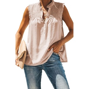 image:imageCHARTOU Womens Summer Ruched Smocked Sleeveless Front Button Loose Fit Shirt Tank TopApricot