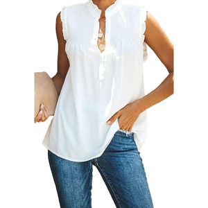 image:imageCHARTOU Womens Summer Ruched Smocked Sleeveless Front Button Loose Fit Shirt Tank TopWhite