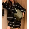 image:imageCHARTOU Sweater Skirt Sets for Women Contrast Trim Two Pieces Sweater Fall Outfits Lantern Sleeve Pullover and Mini SkirtBlack