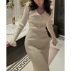 image:imageCHARTOU Women Elegant Sweater Dress Lapel Collar Bodycon RibKnit Ruffled Mermaid Long Knit DressBeige