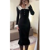 image:imageCHARTOU Women Elegant Sweater Dress Lapel Collar Bodycon RibKnit Ruffled Mermaid Long Knit DressBlack
