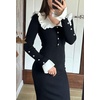 image:imageCHARTOU Women Elegant Sweater Dress Lapel Collar Bodycon RibKnit Ruffled Mermaid Long Knit DressBlack