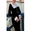 image:imageCHARTOU Women Elegant Sweater Dress Lapel Collar Bodycon RibKnit Ruffled Mermaid Long Knit DressBlack