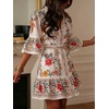 image:imageCHARTOU Women Floral Boho Mini Dress Flared Half Sleeve Button Down Tiered Shirt Dress with BeltWhite