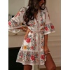 image:imageCHARTOU Women Floral Boho Mini Dress Flared Half Sleeve Button Down Tiered Shirt Dress with BeltWhite