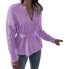 image:imageCHARTOU Womens Elegant Chunky Cable Knit Crochet Open Front Cardigan Sweater with BeltPurple