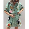 image:imageCHARTOU Womens Floral 2 Piece Outfits Boho Shot Sleeve Shirt High Waist Drawstring Beach Shorts SetsGreen