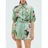 image:imageCHARTOU Womens Floral 2 Piece Outfits Boho Shot Sleeve Shirt High Waist Drawstring Beach Shorts SetsGreen