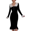 image:imageCHARTOU Women Elegant Sweater Dress Lapel Collar Bodycon RibKnit Ruffled Mermaid Long Knit DressBlack