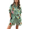 image:imageCHARTOU Womens Floral 2 Piece Outfits Boho Shot Sleeve Shirt High Waist Drawstring Beach Shorts SetsGreen