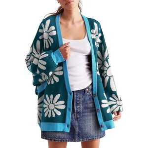 image:imageCHARTOU Floral Cardigan Sweater for Women Slouchy Open Front Cardigan Daisy Flower Sweater OutwearBlue