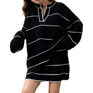image:imageCHARTOU Sweater Skirt Sets for Women Contrast Trim Two Pieces Sweater Fall Outfits Lantern Sleeve Pullover and Mini SkirtBlack