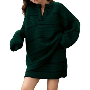 image:imageCHARTOU Sweater Skirt Sets for Women Contrast Trim Two Pieces Sweater Fall Outfits Lantern Sleeve Pullover and Mini SkirtGreen