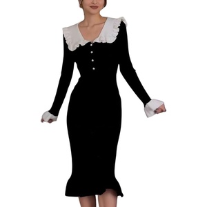 image:imageCHARTOU Women Elegant Sweater Dress Lapel Collar Bodycon RibKnit Ruffled Mermaid Long Knit DressBlack