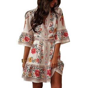 image:imageCHARTOU Women Floral Boho Mini Dress Flared Half Sleeve Button Down Tiered Shirt Dress with BeltWhite