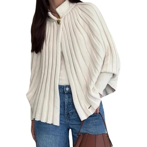 image:imageCHARTOU Women Pleated Cloak Sweater Cardigan Stand Collar Open Front Long Sleeve Cape Batwing Knit CoatWhite