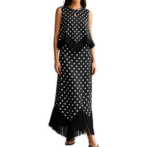 image:imageCHARTOU Women Polka Dot Two Pieces Sets Sleeveless Tank Top Tassel Long Skirt Matching Vacation SetsBlack