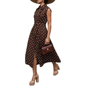 image:imageCHARTOU Women Retro Polka Dot Long Dress Sleeveless Collared Button Down Shirt Dress with BeltBrown