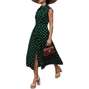 image:imageCHARTOU Women Retro Polka Dot Long Dress Sleeveless Collared Button Down Shirt Dress with BeltDark Green